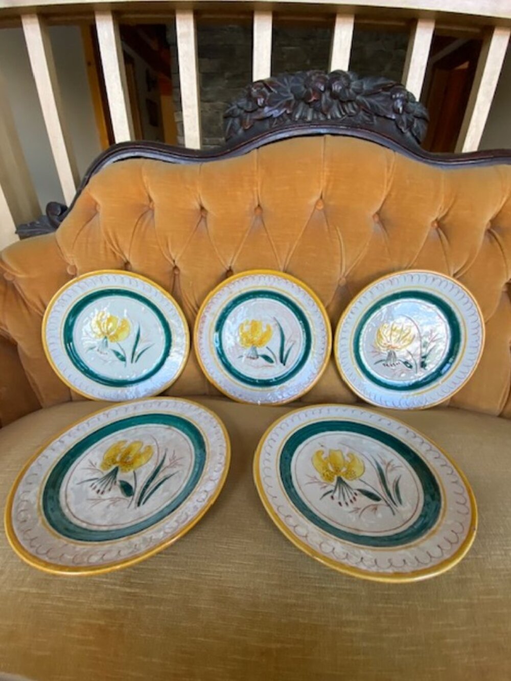 Stangl Pottery Terra Rose Garden Flower Yellow Iris Dinner Plates (5) 9.25" VTG